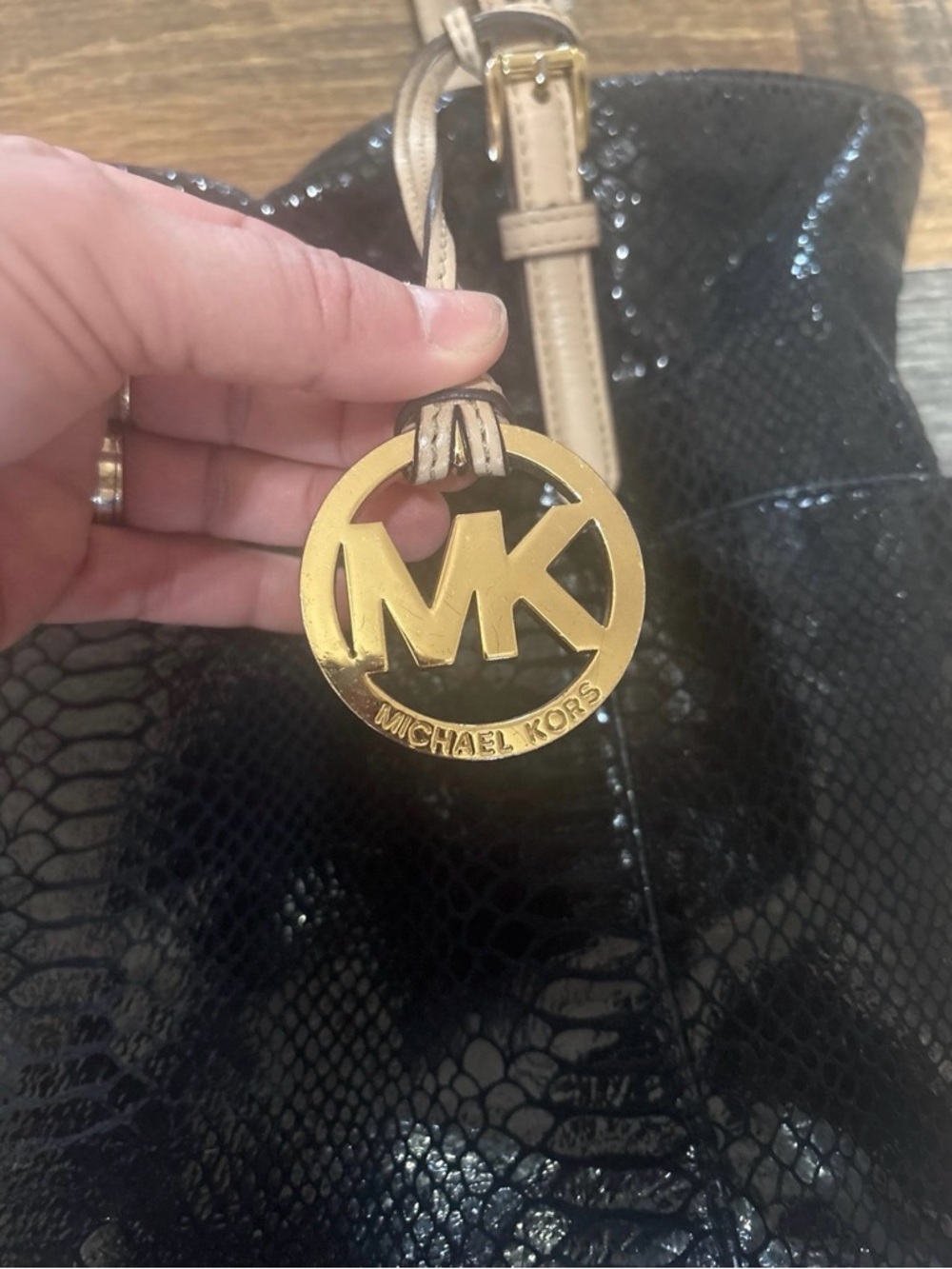 MICHAEL Michael Kors Black Snake-Embossed Shoulder Tote with Beige Straps - Picture 2 of 4